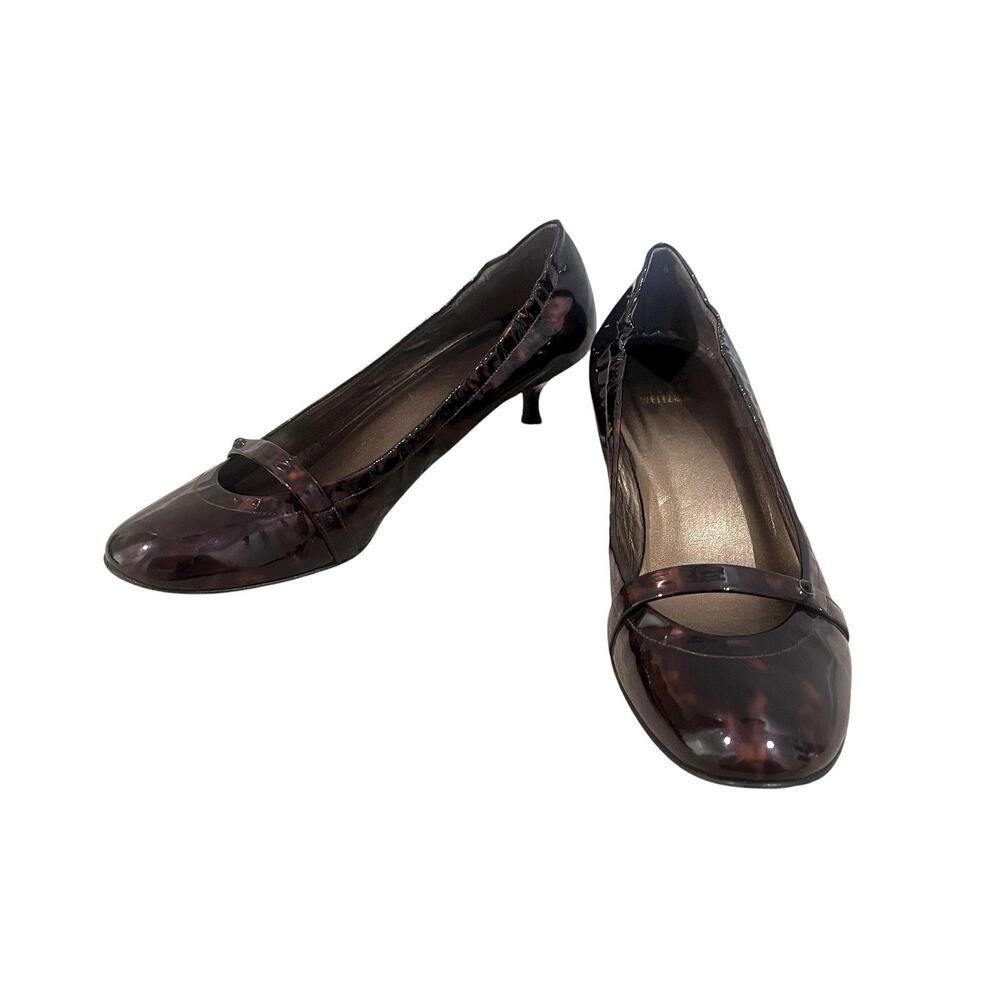 Stuart Weitzman Shoes Womens 8.5 Brown Tortoise Patent Mary Jane Kitten Heels - Picture 1 of 9